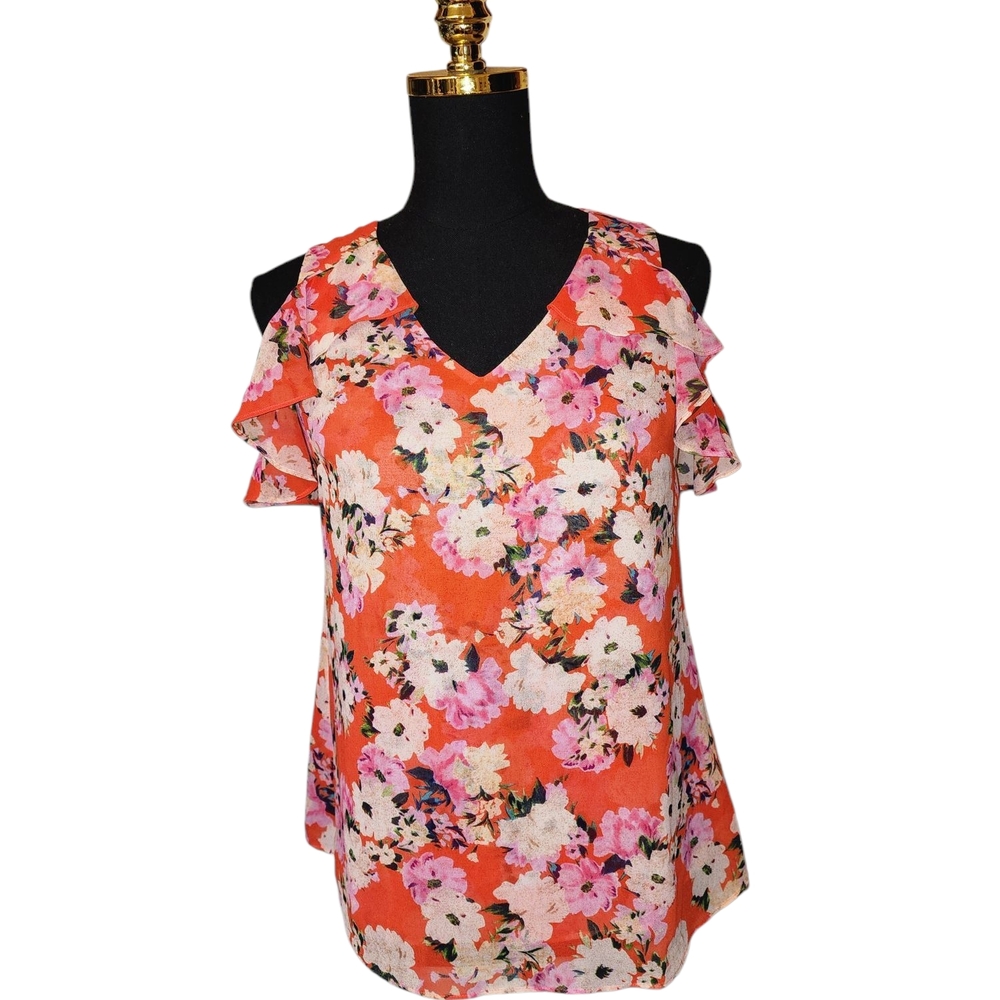 2/25 CAbi Blouse Elegant Floral V-Neck Cold Shoulder Top
